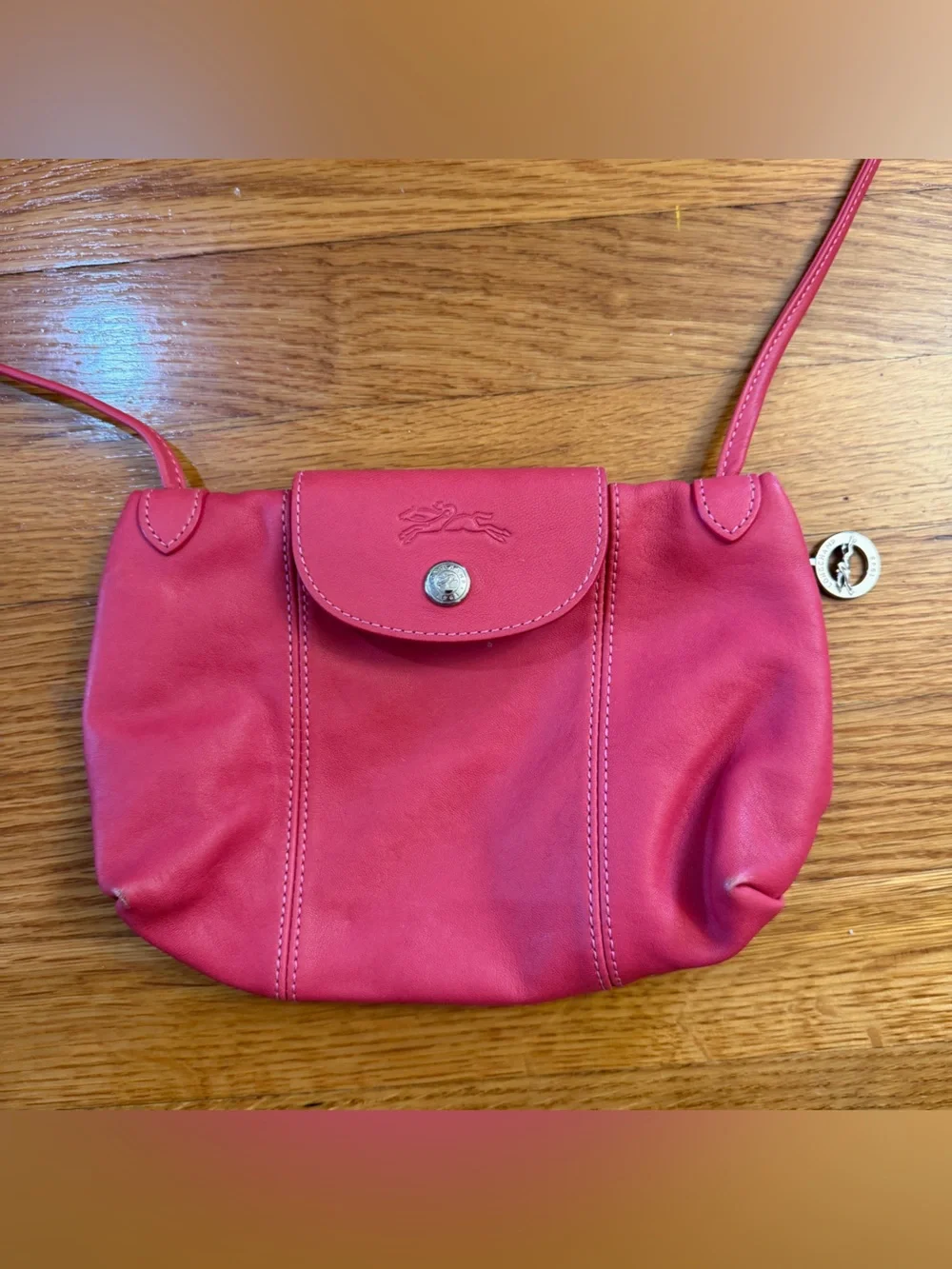 Longchamp Le Pliage Cuir Mini Crossbody Bag Snap Front Rear Zip in Pink
